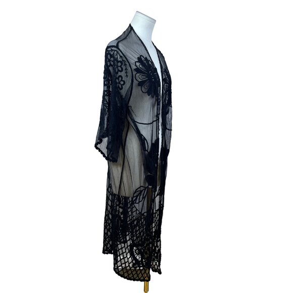 ReeBees Black Lace Womens Kimono Floral Embroidered Cardigan Duster Cover-Up OS - Picture 3 of 7